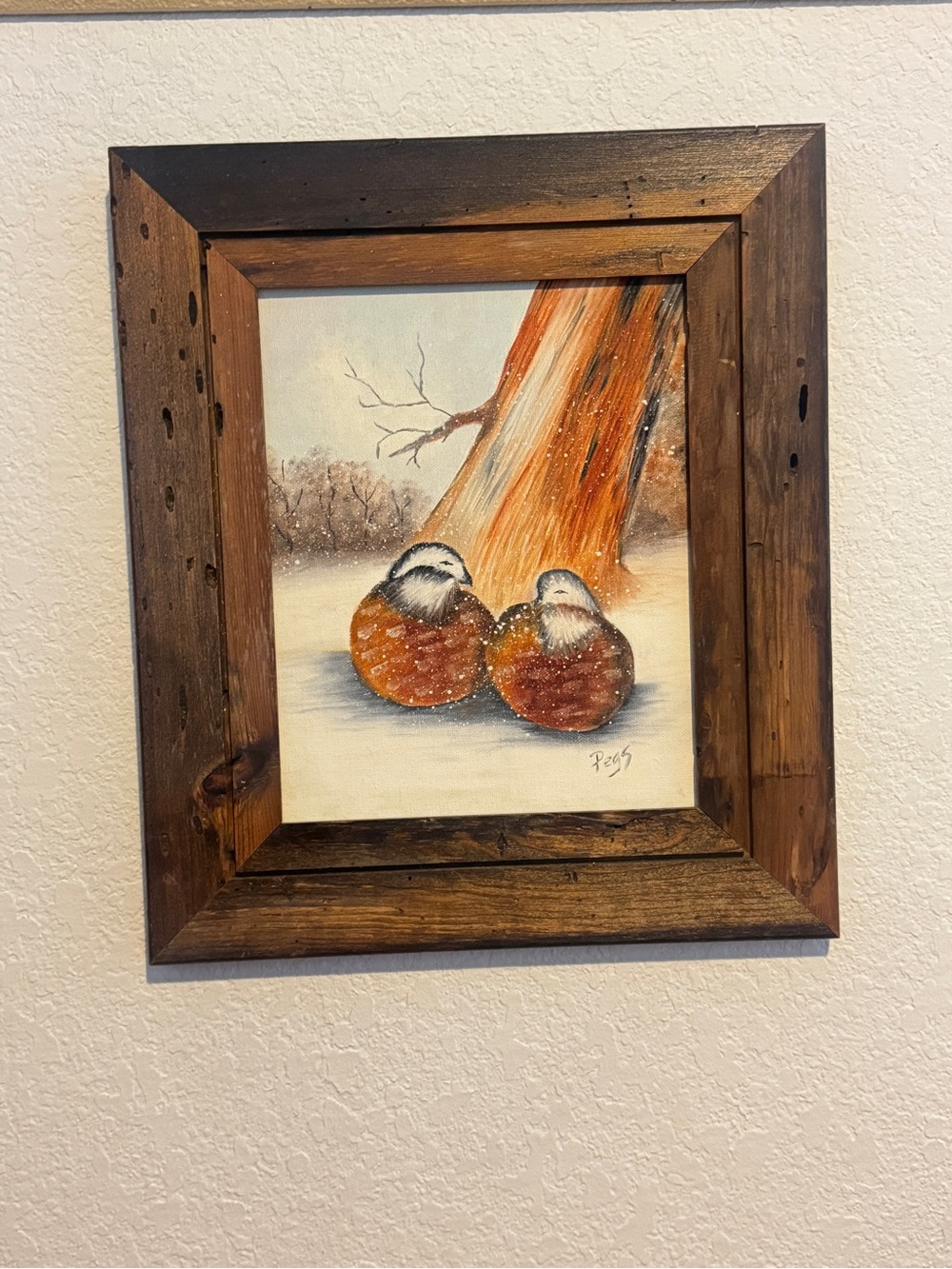 Framed Winter Birds Oil Painting Rustic Wood Frame, Brown and Orange